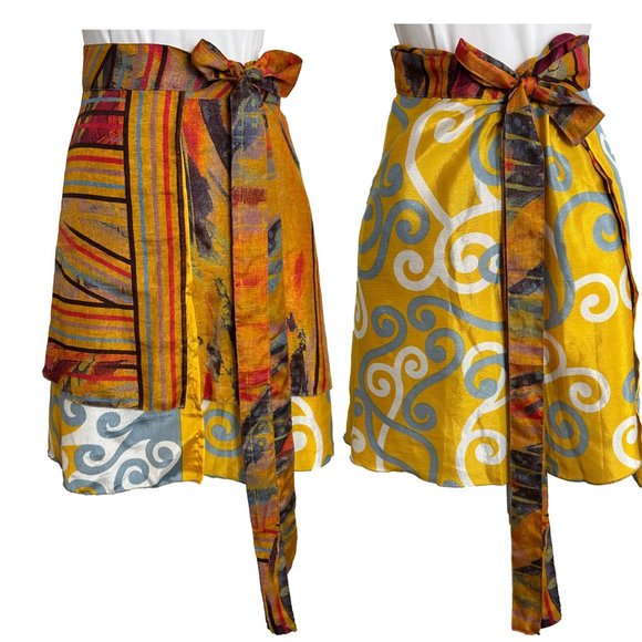 Reversible Wrap Skirt Double Layer One Size Bohemian Geometric Yellow Blue - Picture 1 of 7